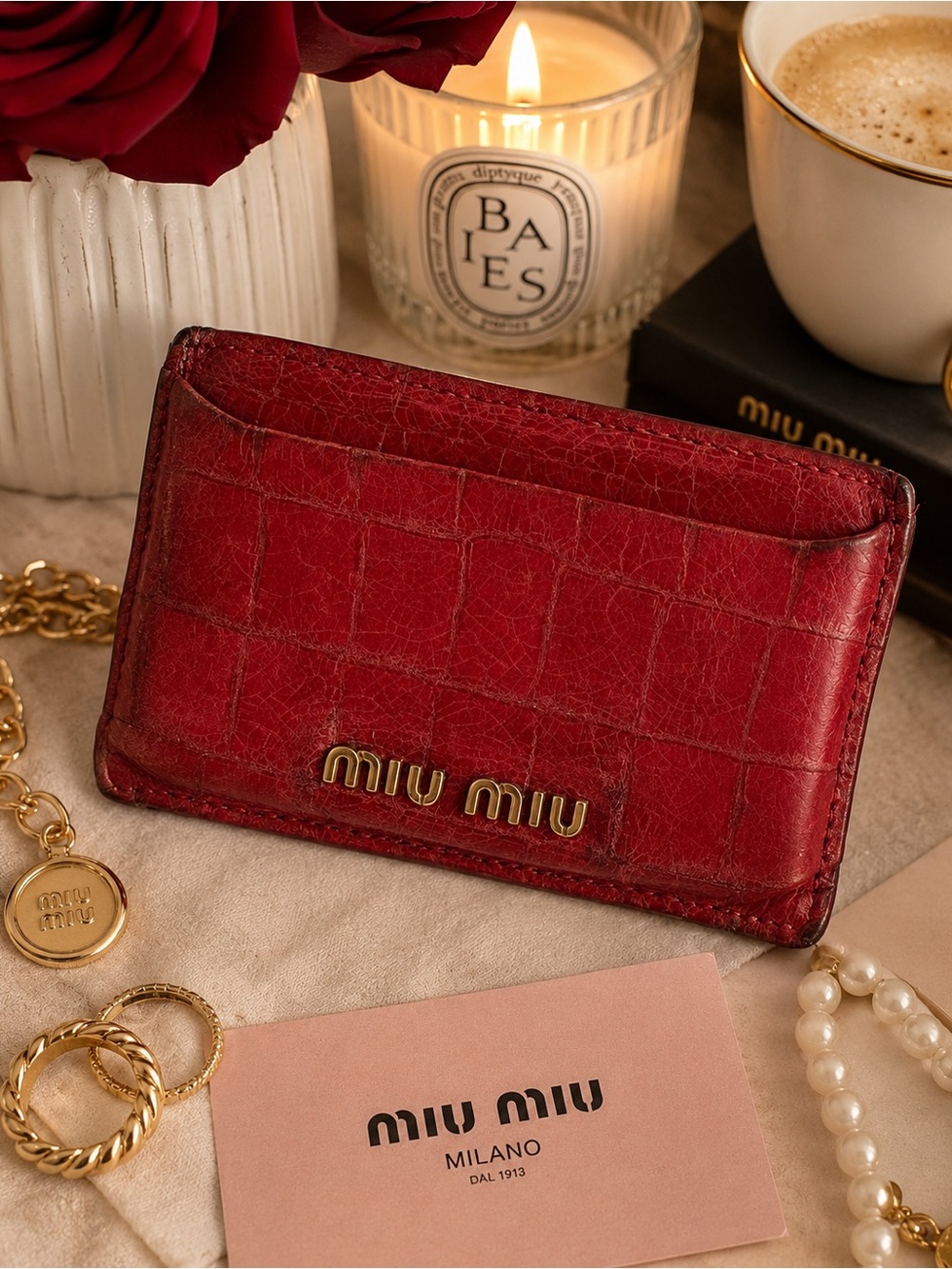 Miu Miu Red Embossed Croc Leather Card Holder Wallet Authentic